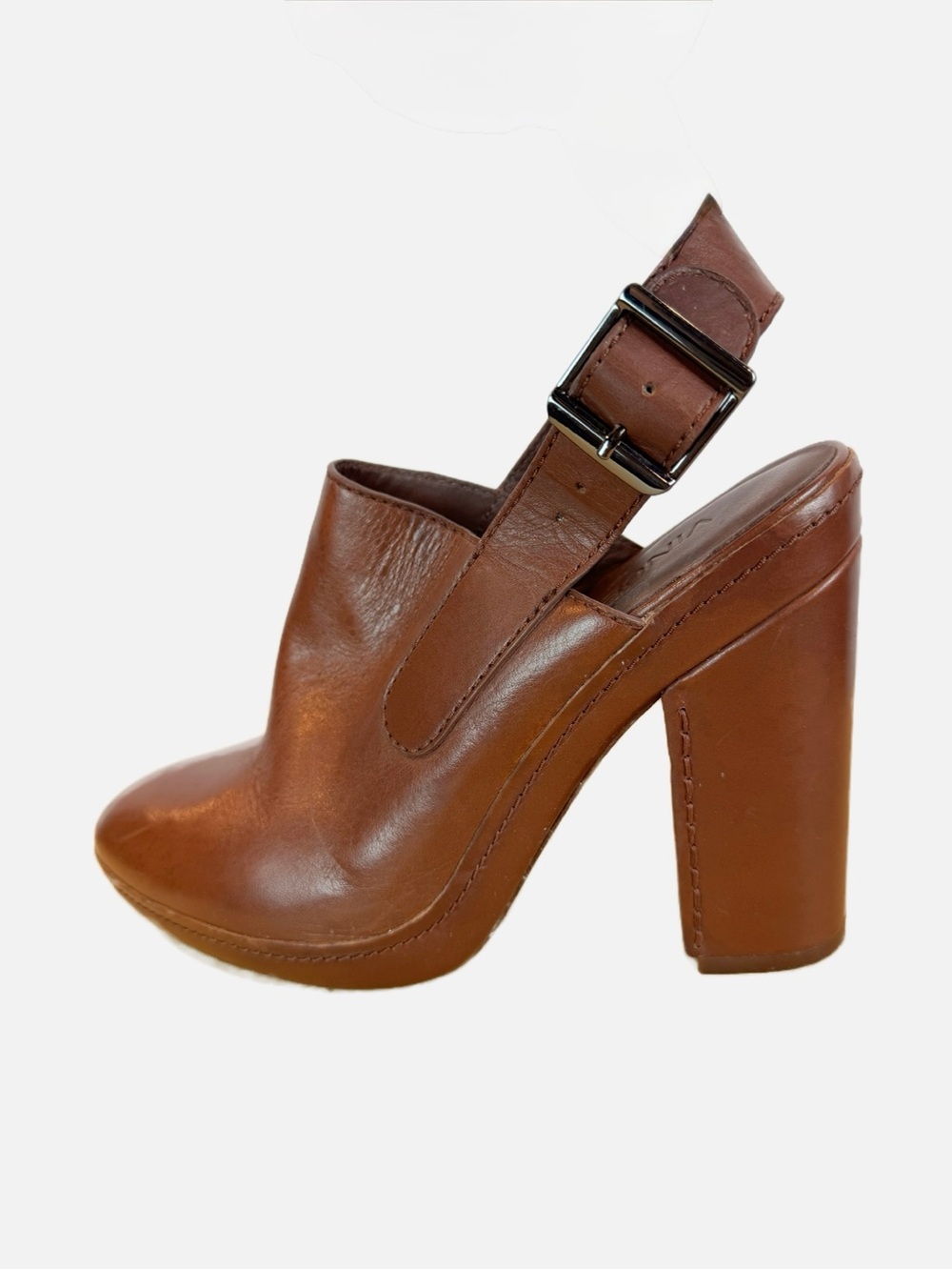 Vince | Brown Leather Sling Back Chunky Heel, 8